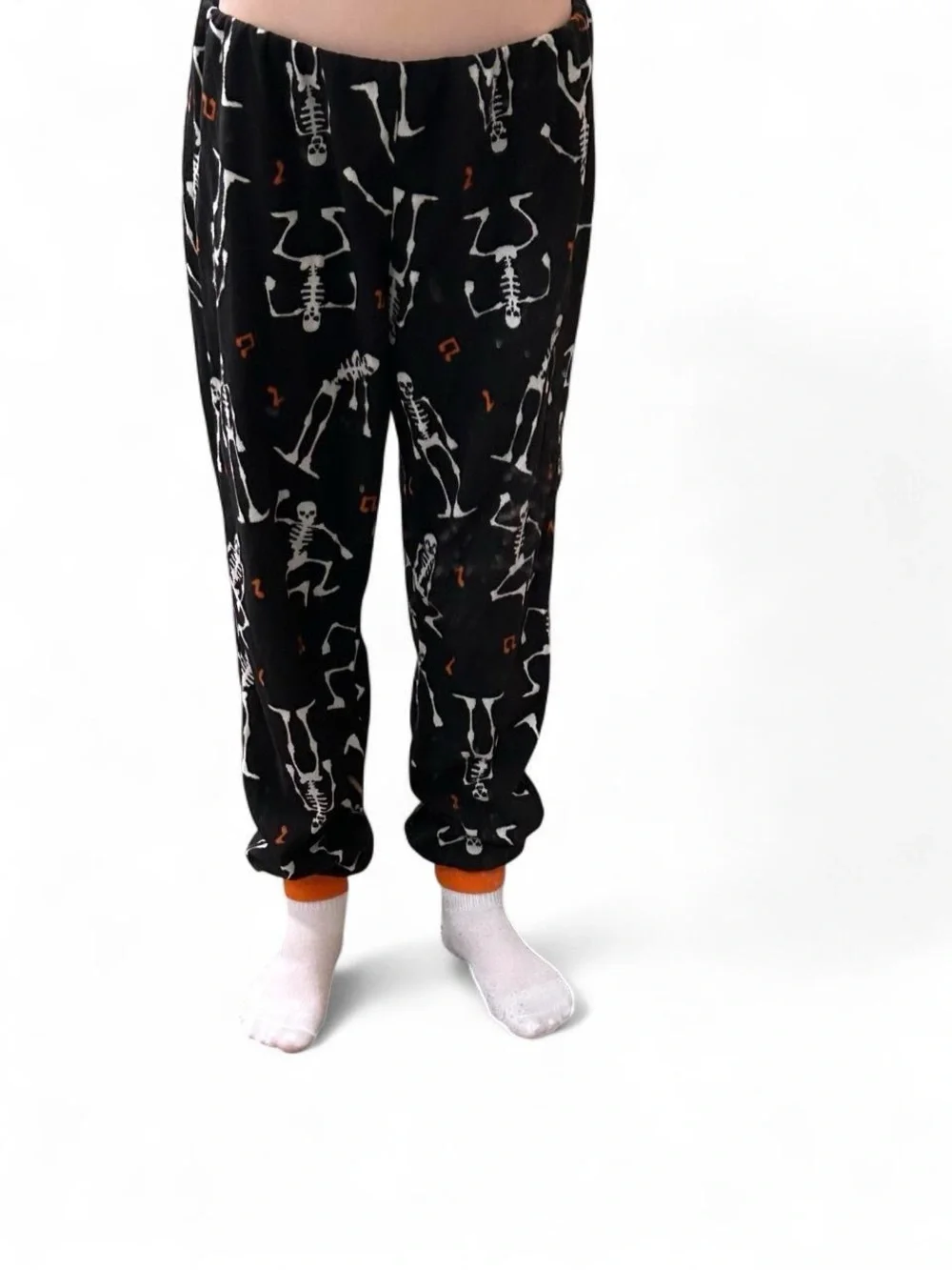 Black Skeleton Print Women's Pajama Pants with Orange Cuffs